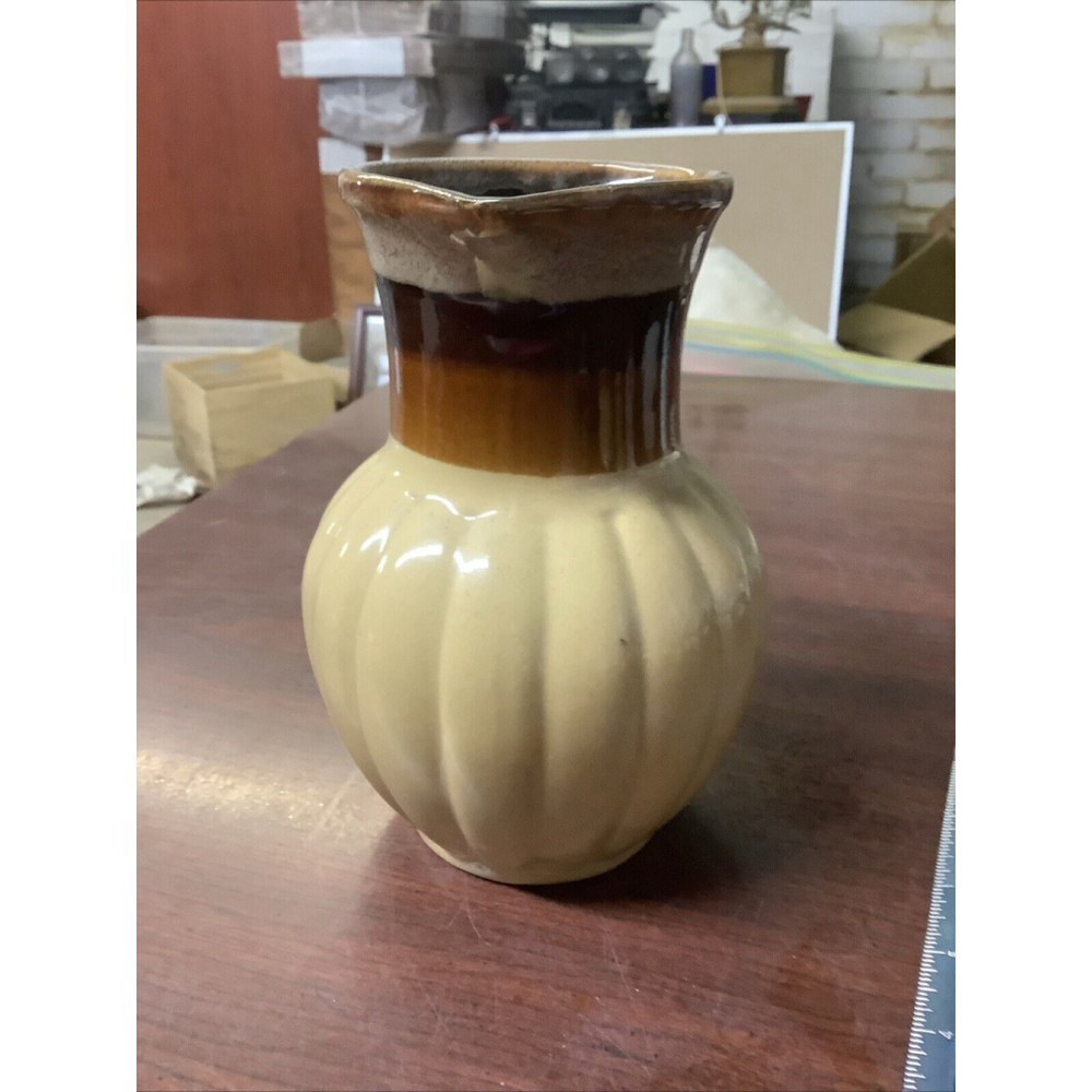 Vintage Drip Glaze Ceramic Pitcher Mid Century Retro Farmhouse Vase Brown Tan 7" - Picture 2 of 7